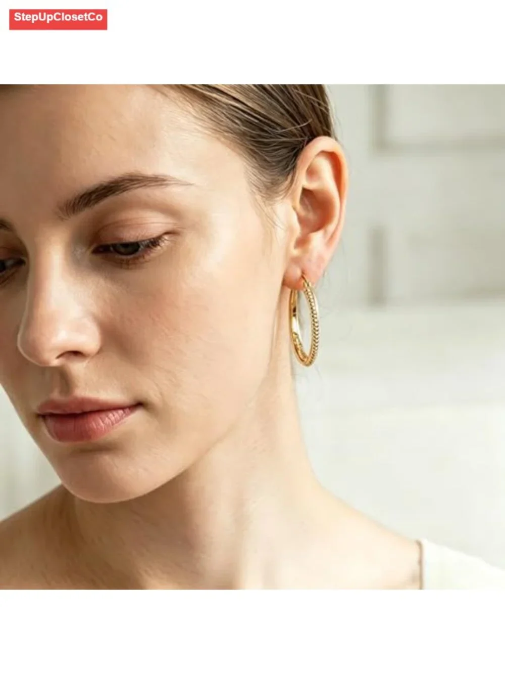 14K Gold Huggie Hoop Earrings Textured Beaded X-Shaped Lightweight 30mm for